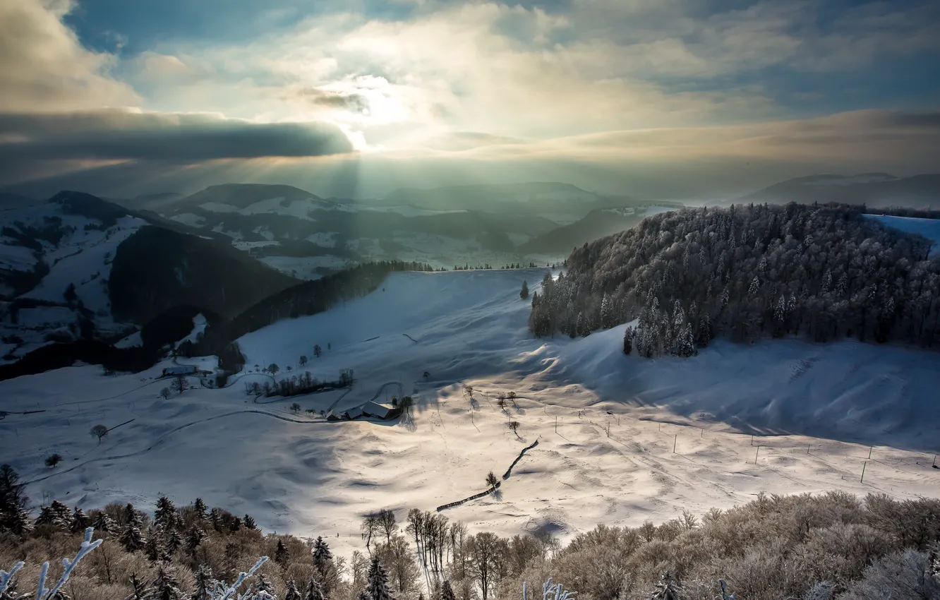 Photo wallpaper winter, mountains, morning