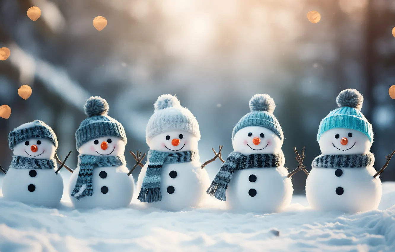 Photo wallpaper winter, snow, nature, new year, Christmas, snowman, company, AI art