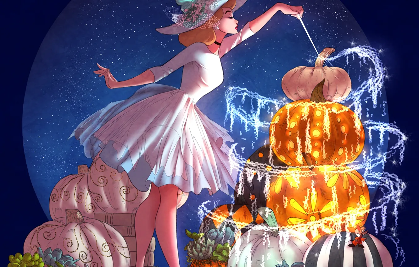 Photo wallpaper magic, dress, fairy, pumpkin, mouse