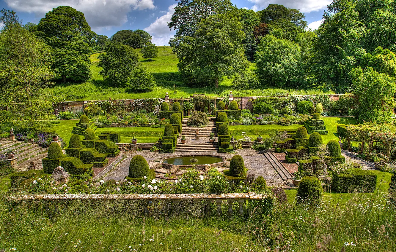Photo wallpaper greens, summer, grass, the sun, trees, design, England, garden