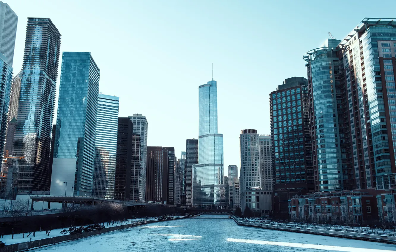 Photo wallpaper winter, river, ice, skyscrapers, Chicago, USA, Chicago, megapolis