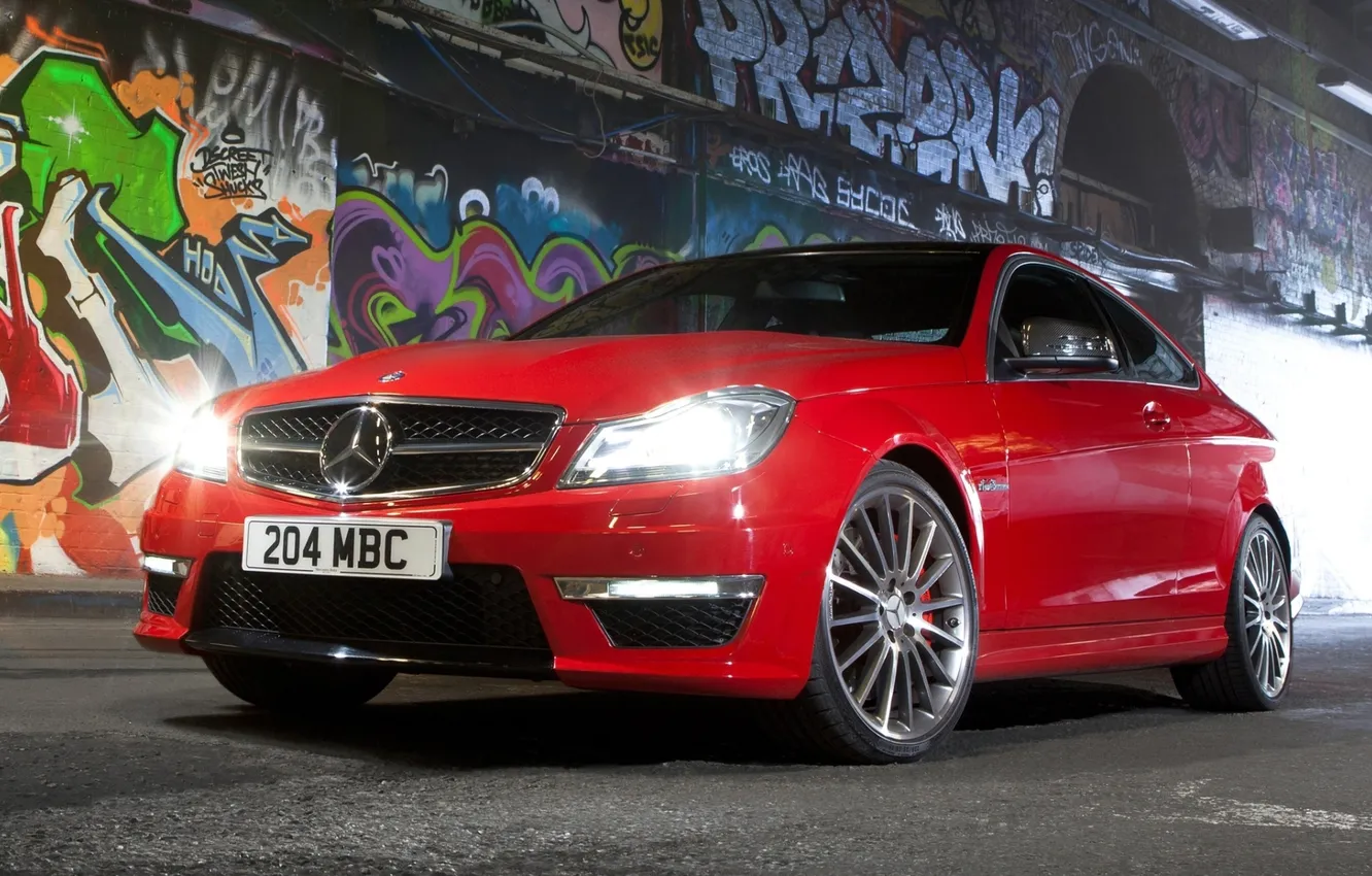 Photo wallpaper red, wall, coupe, Mercedes-Benz, Mercedes, grafiti, coupe, the front