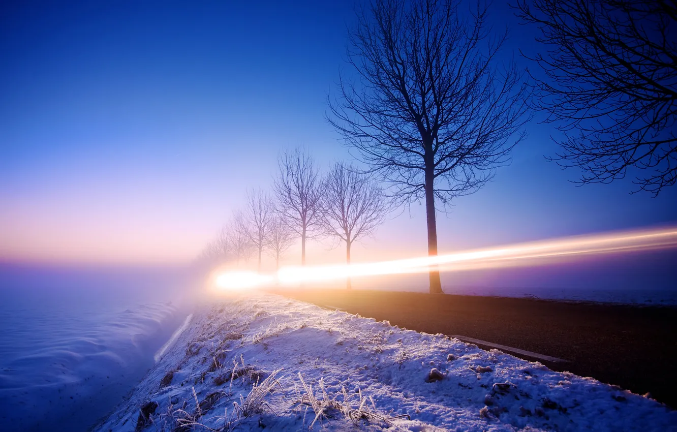 Photo wallpaper winter, road, light, snow, night, the evening, excerpt, Netherlands