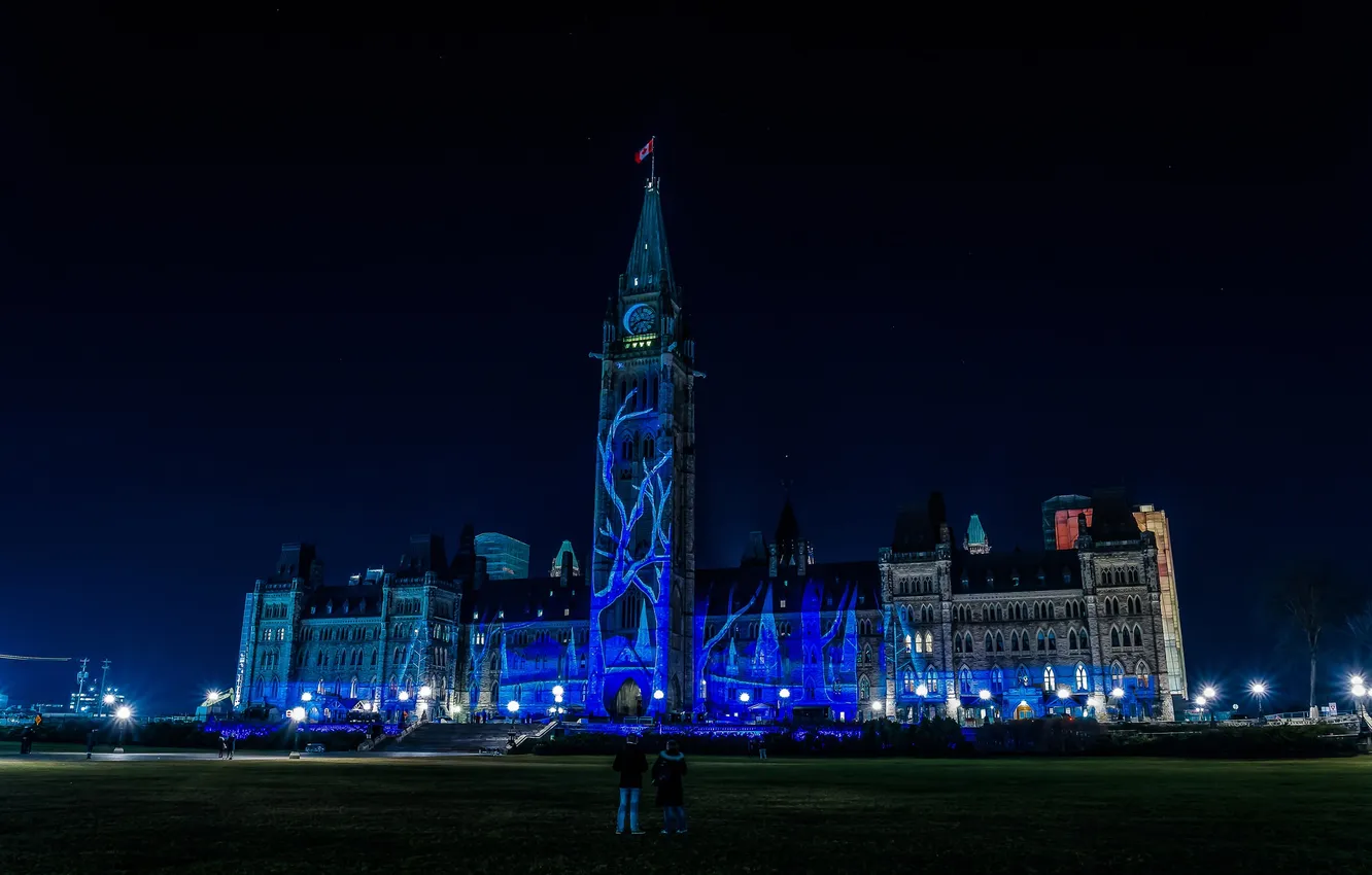 Photo wallpaper night, lights, Canada, the Parliament building, light show, Ottawa