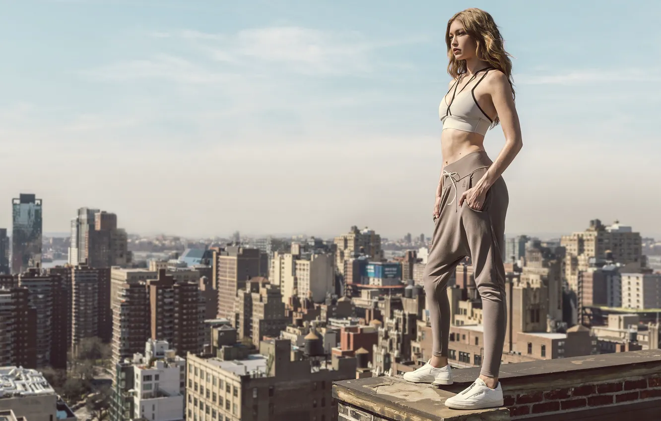 Photo wallpaper girl, the city, pose, model, view, figure, Reebok, Gigi Hadid