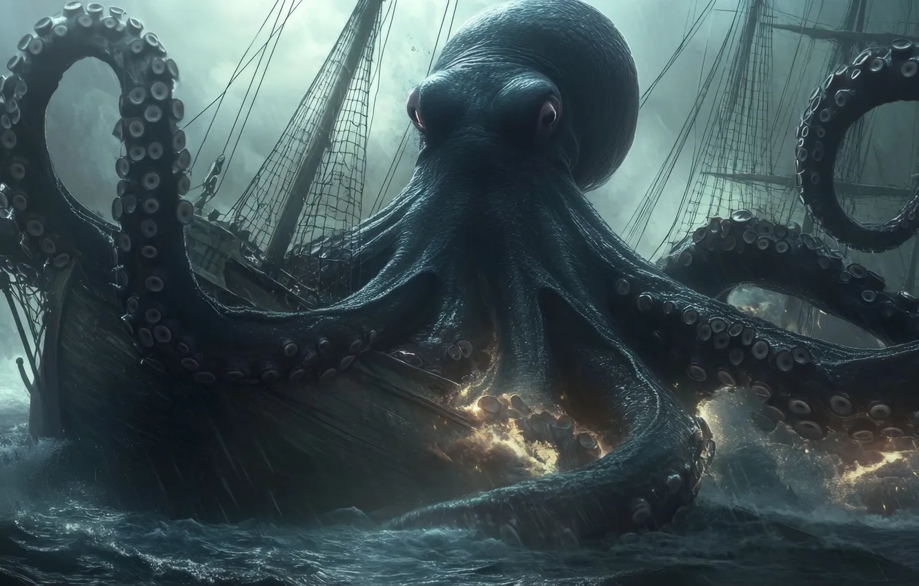 Photo wallpaper Sea, Wave, Ship, Clouds, Sailboat, The tentacles, Attack, Digital art