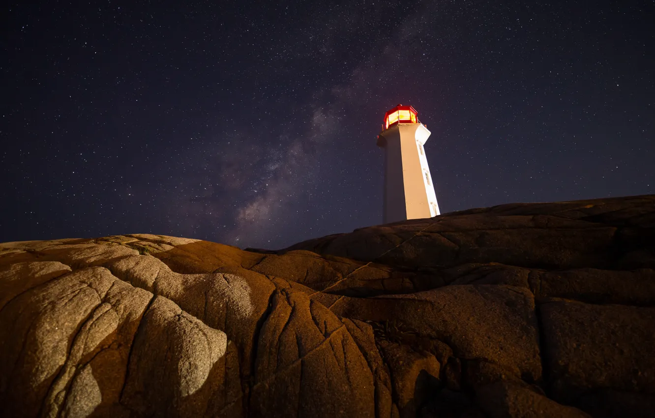 Photo wallpaper stars, light, night, stones, rocks, shore, lighthouse, the milky way