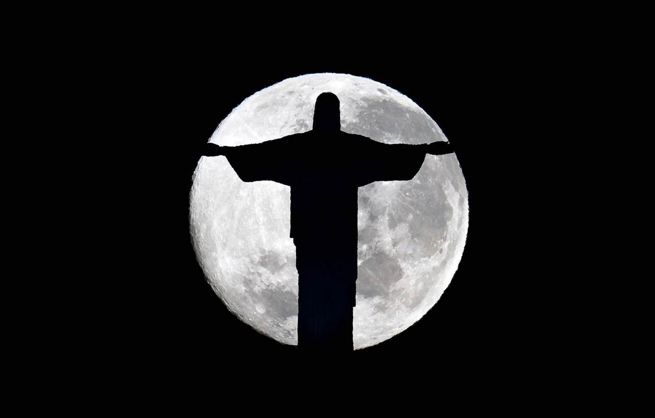 Photo wallpaper night, darkness, the moon, silhouette, Statue, twilight, Brazil, Rio de Janeiro
