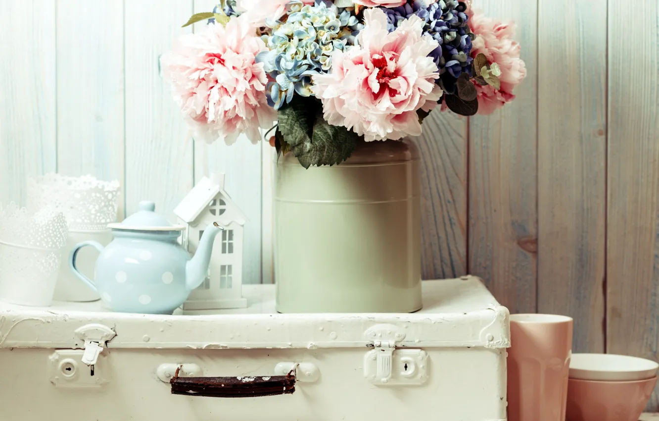 Photo wallpaper flowers, bouquet, kettle, suitcase, peonies, decor