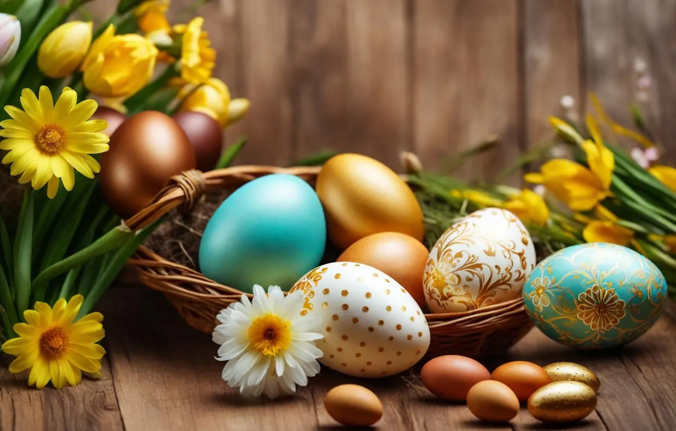 Photo wallpaper flowers, eggs, spring, colorful, Easter, flowers, spring, Easter