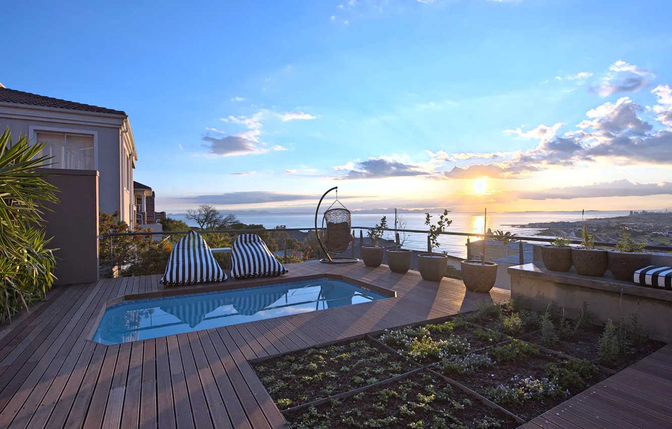 Photo wallpaper Villa, pool, morning, terrace, view of the coast