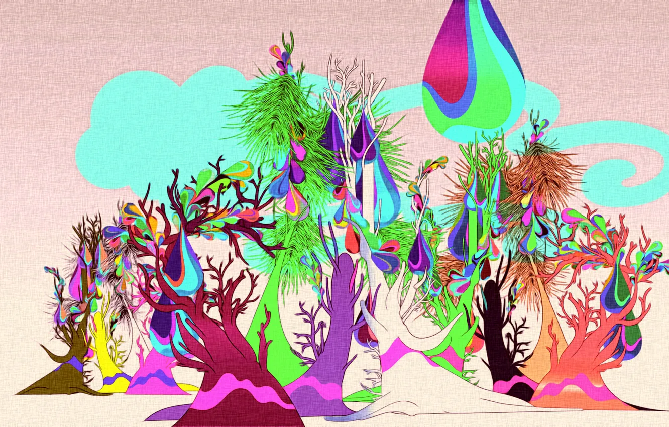 Photo wallpaper bright colors, trees, abstraction, figure, art, canvas, acrylic