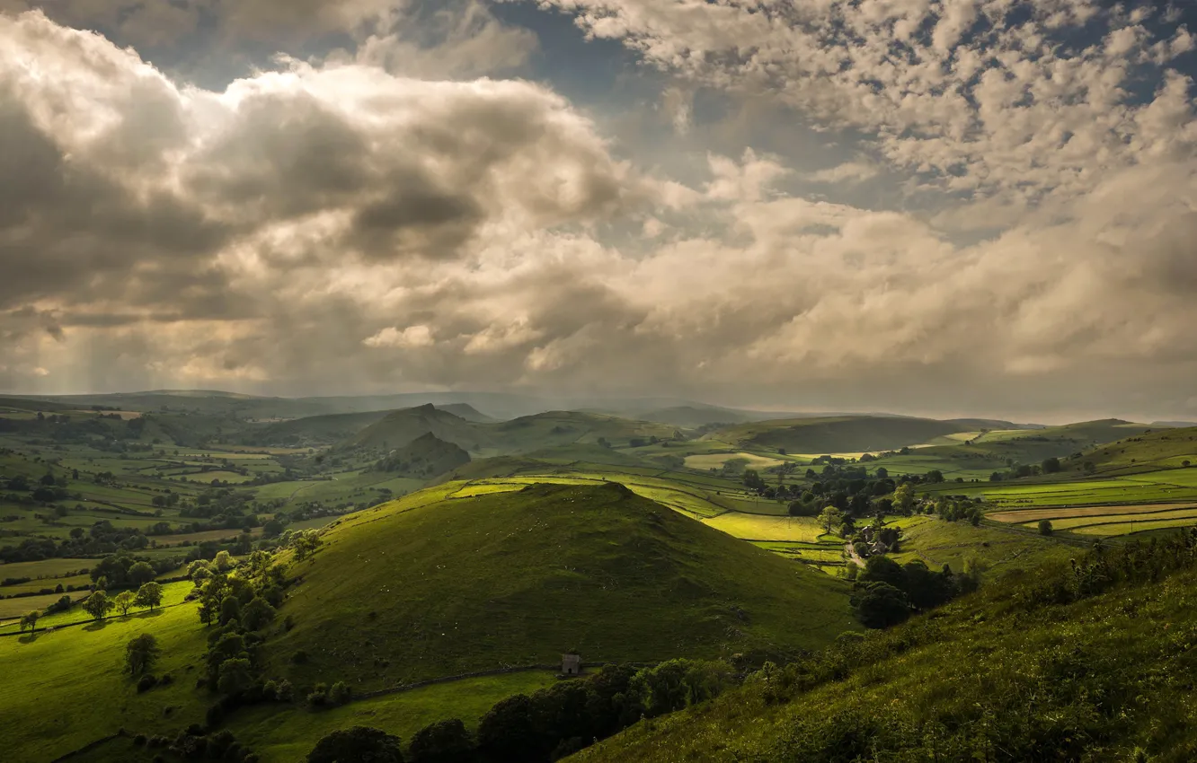 Photo wallpaper greens, field, summer, the sky, clouds, trees, hills, England