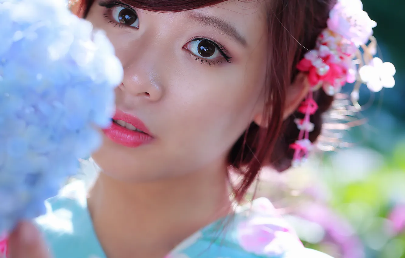 Photo wallpaper eyes, look, face, background, lips, Asian, beauty