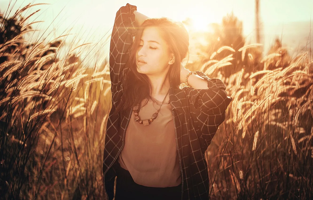 Photo wallpaper grass, girl, beads, bracelet, shirt, brown hair, Asian