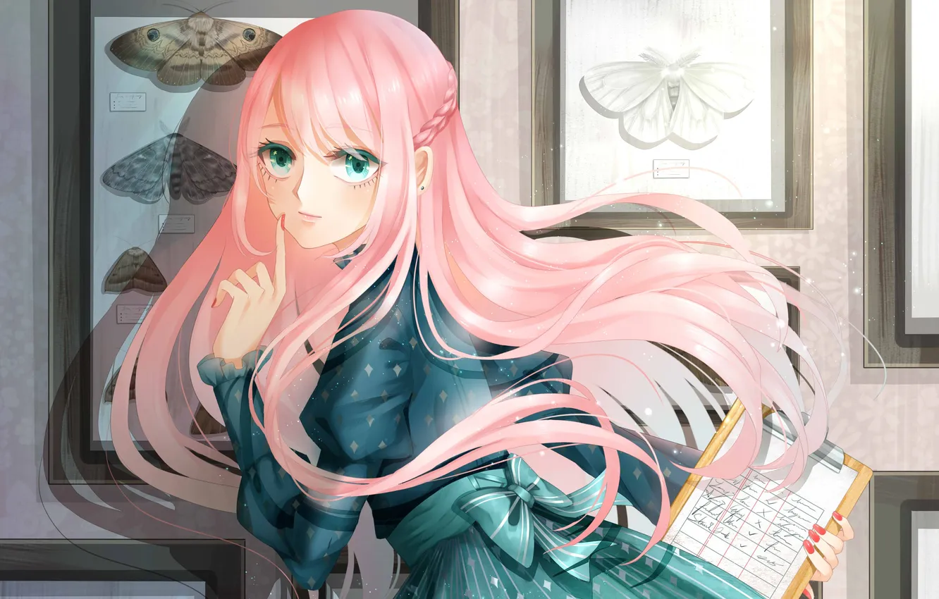 Photo wallpaper butterfly, smile, Girl, braid, bow, pink hair, the sign of silence