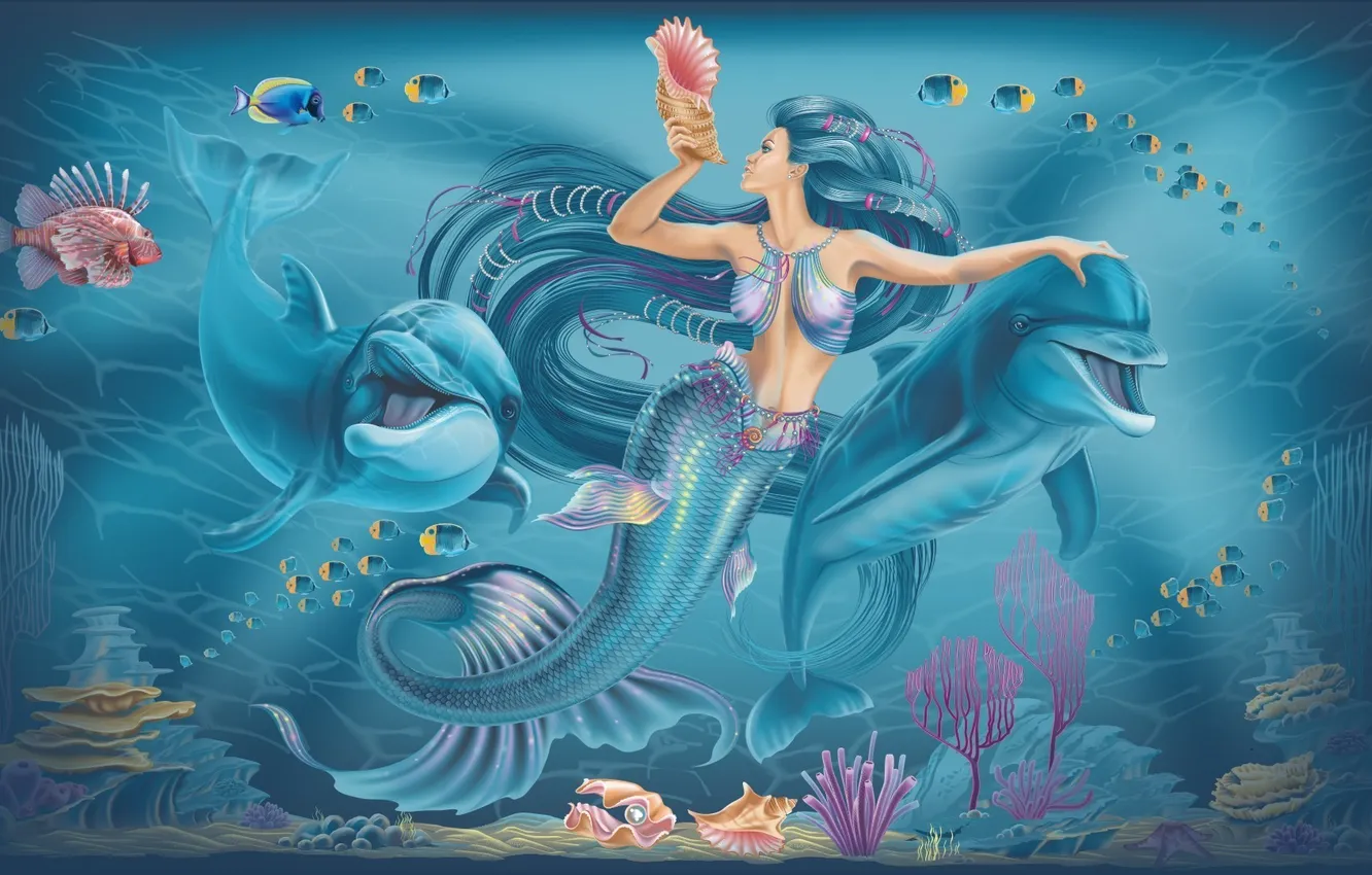 Photo wallpaper mermaid, dolphins, under water, www.tatyana.pro