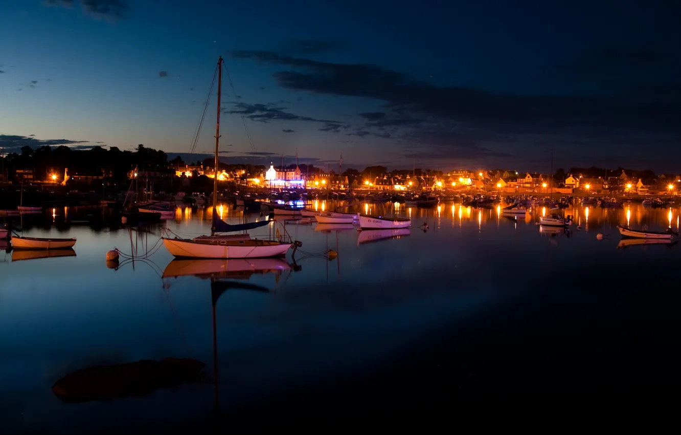 Photo wallpaper clouds, lights, boat, the evening, yacht, port