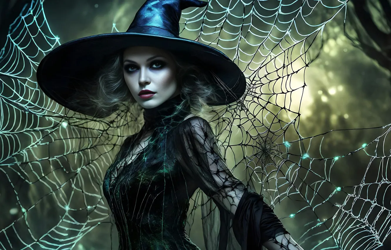 Photo wallpaper girl, web, hat, witch