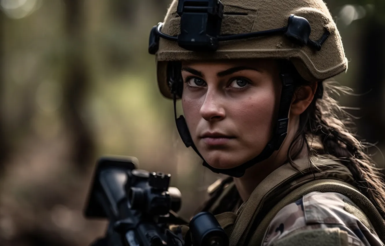 Photo wallpaper look, girl, soldiers, helmet, digital art, AI art, The Art of Artificial Intelligence, neural network