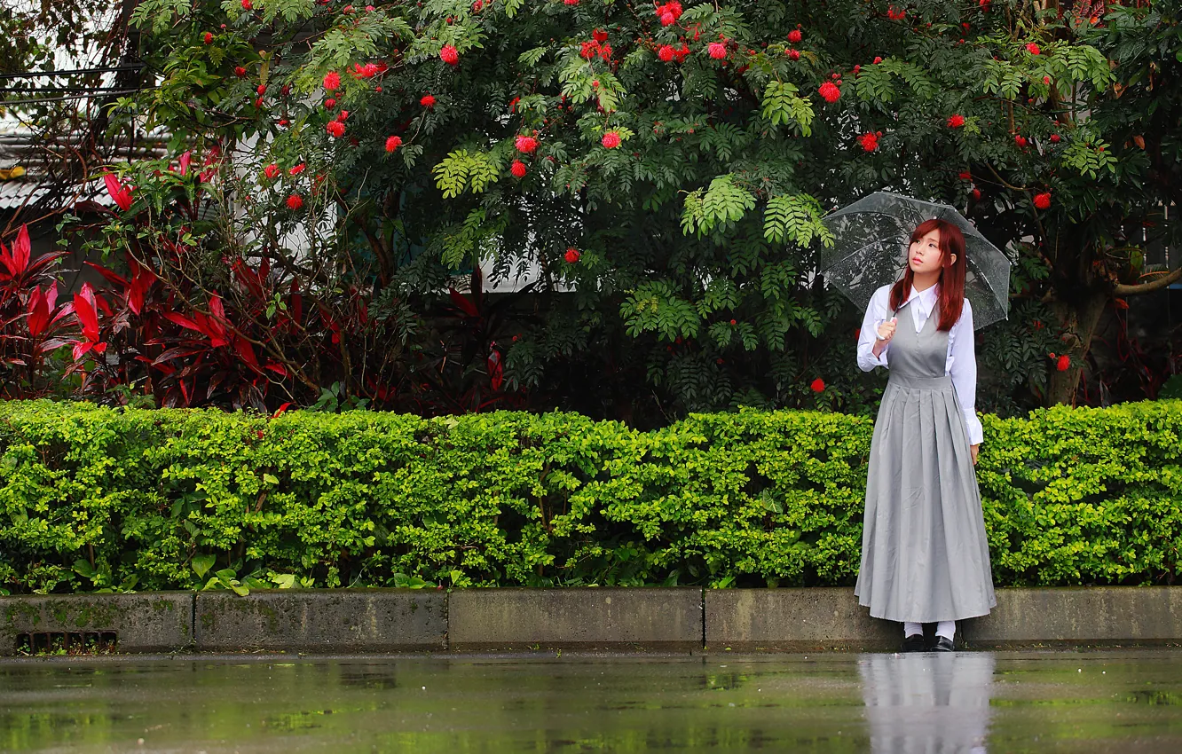 Photo wallpaper girl, umbrella, rain, street