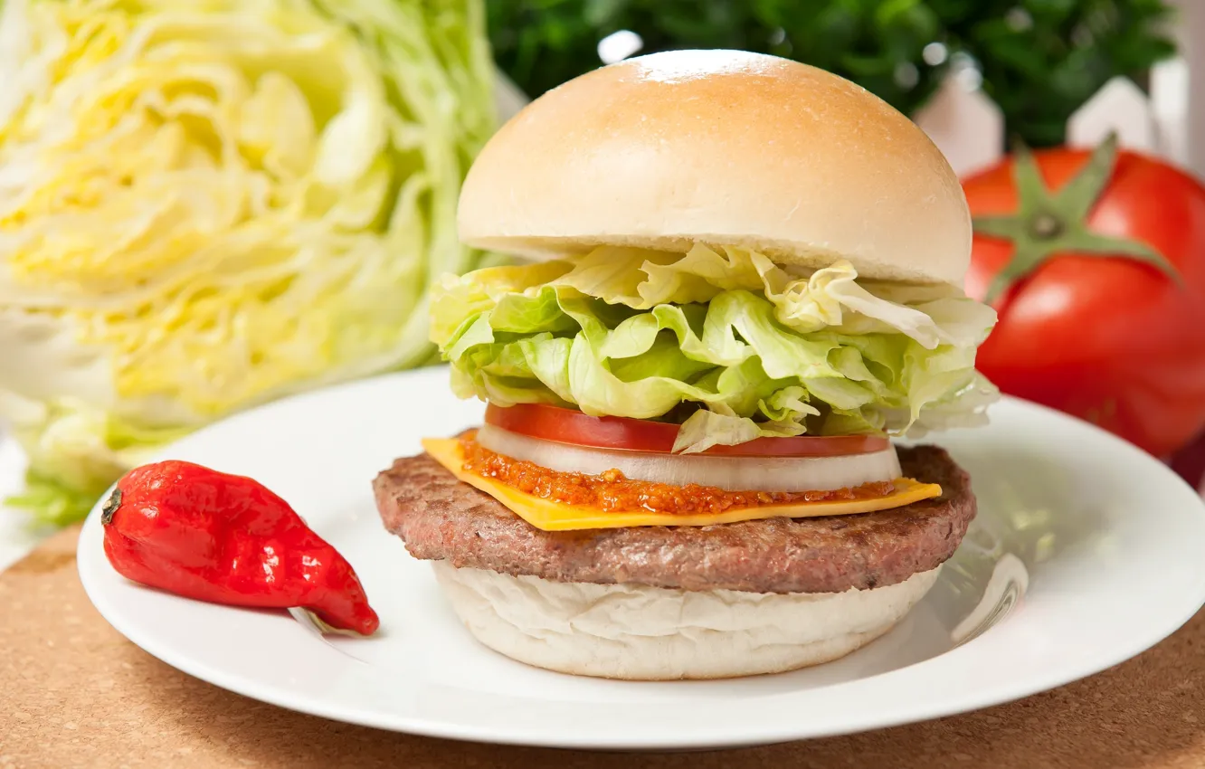 Photo wallpaper cheese, pepper, tomatoes, cabbage, Patty, cheeseburger, filling, sandwiches