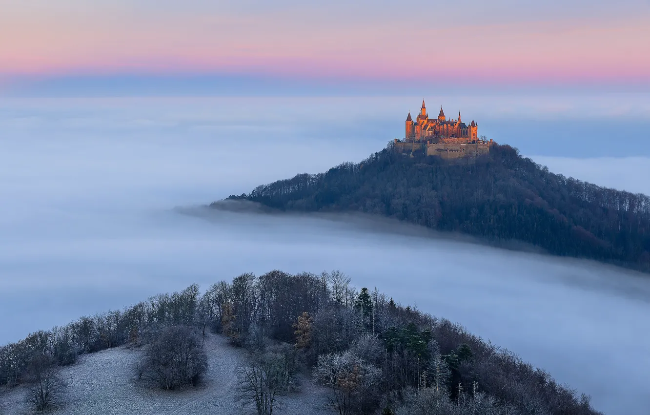 Photo wallpaper autumn, fog, Germany, November, Baden-württemberg, castle Hohenzollern, cold morning