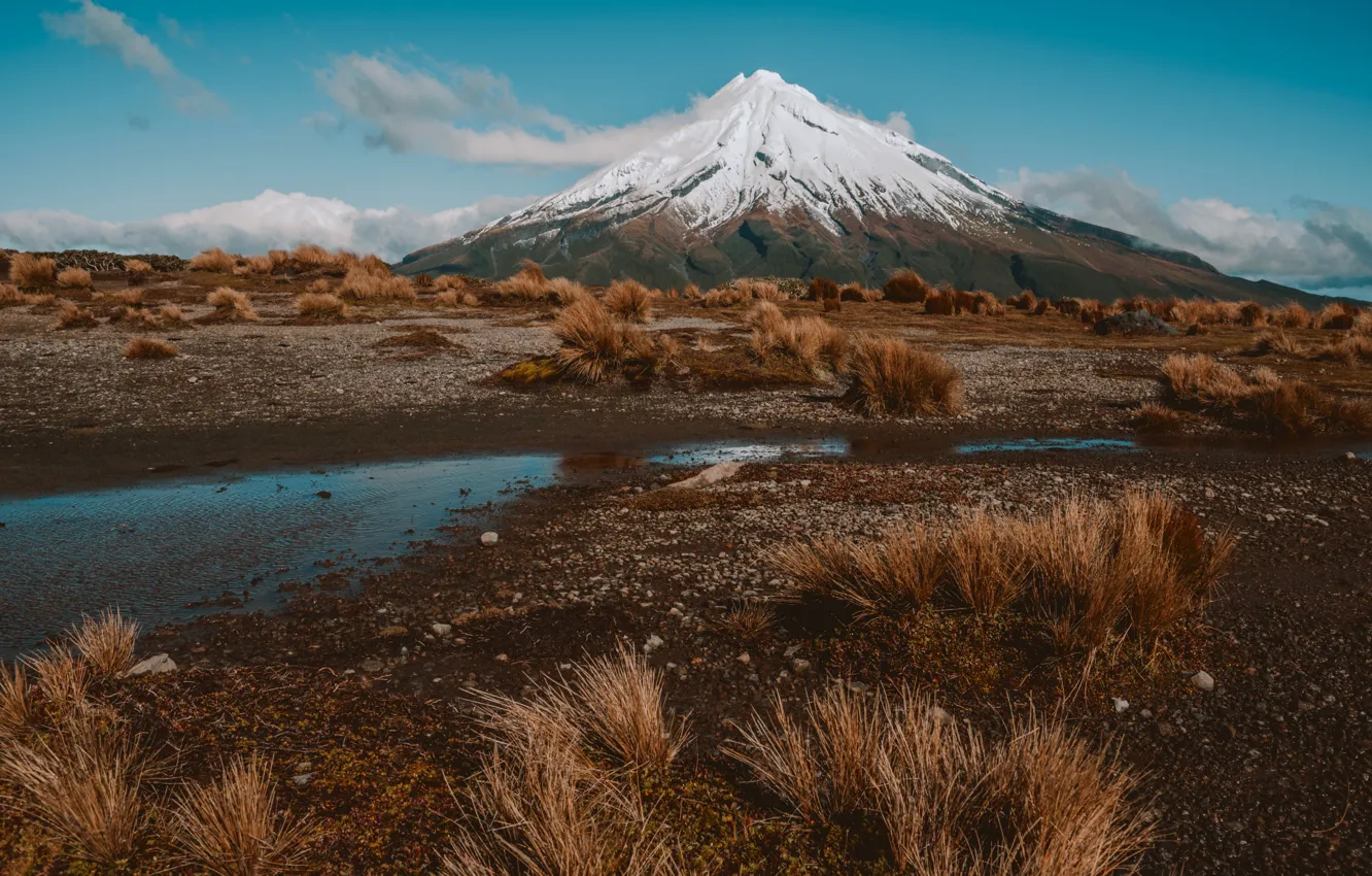 Photo wallpaper clouds, snow, mountains, pebbles, blue, stream, tops, the volcano