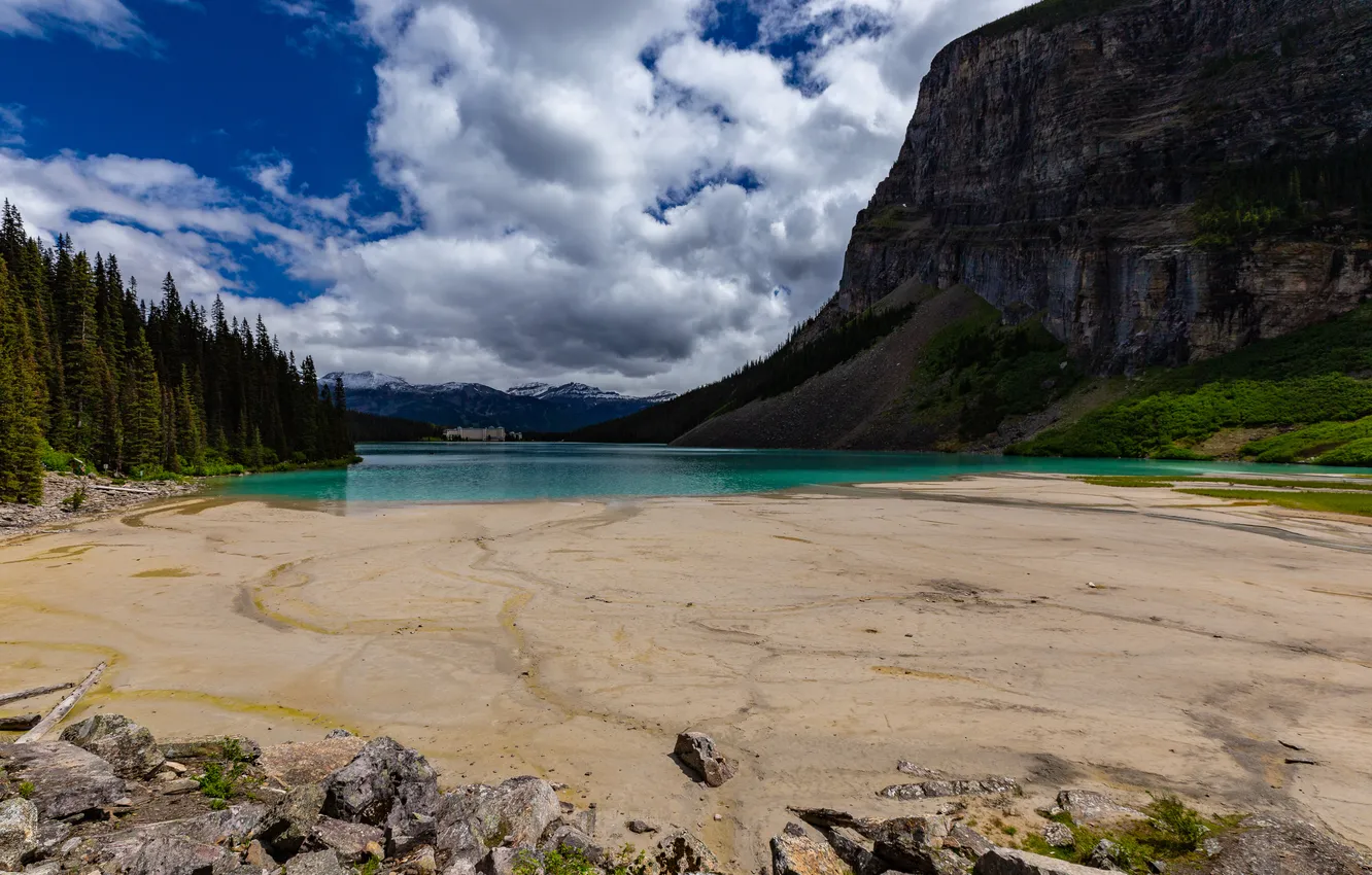 Photo wallpaper beach, clouds, mountains, blue, stones, rocks, shore, pond