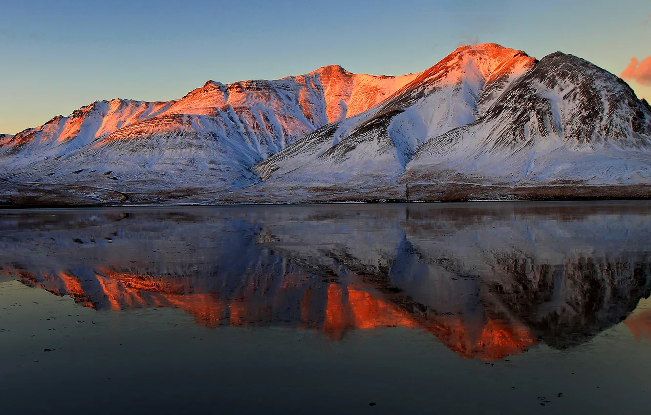 Photo wallpaper winter, light, snow, mountains, lake, reflection, tops, morning