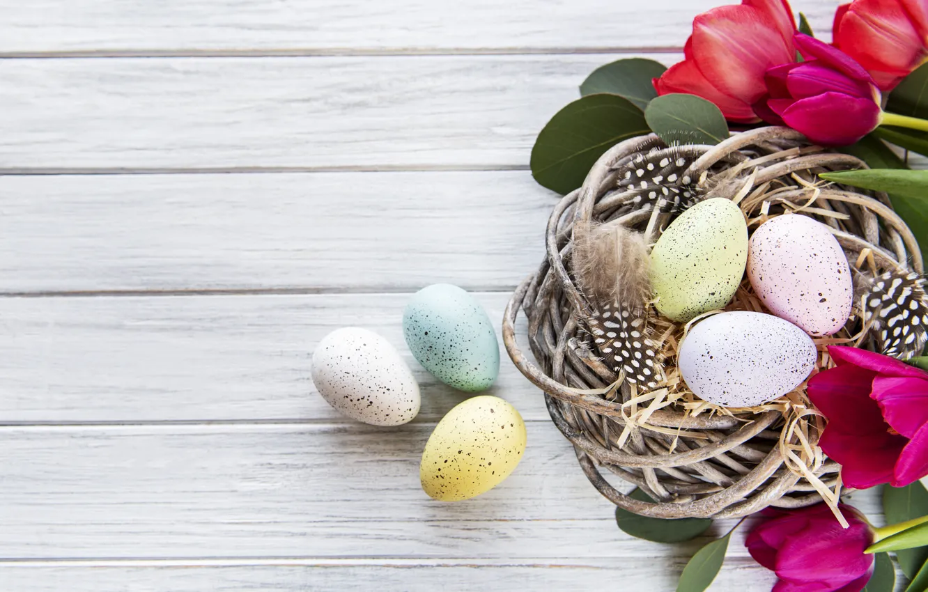 Photo wallpaper flowers, eggs, spring, colorful, Easter, tulips, wood, pink
