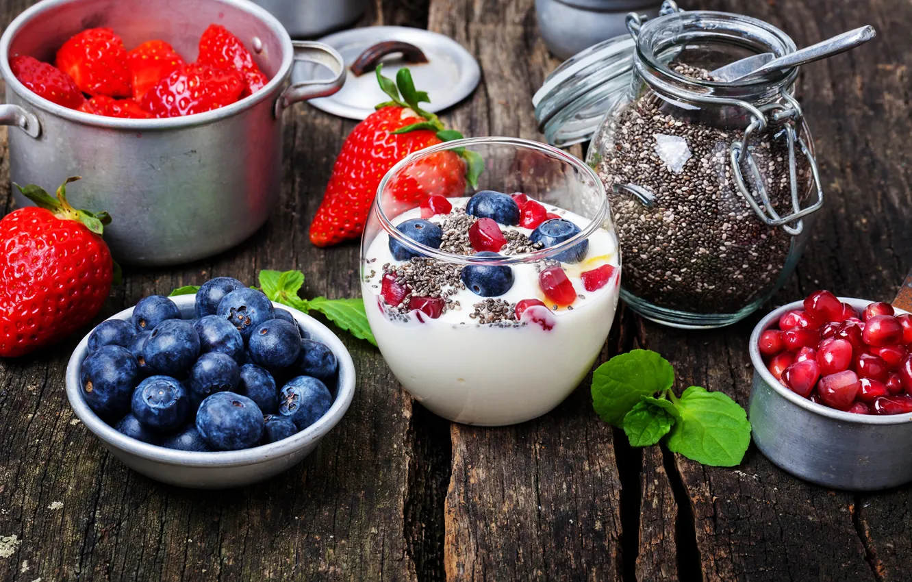 Photo wallpaper berries, strawberry, garnet, blueberries, yogurt, Chia
