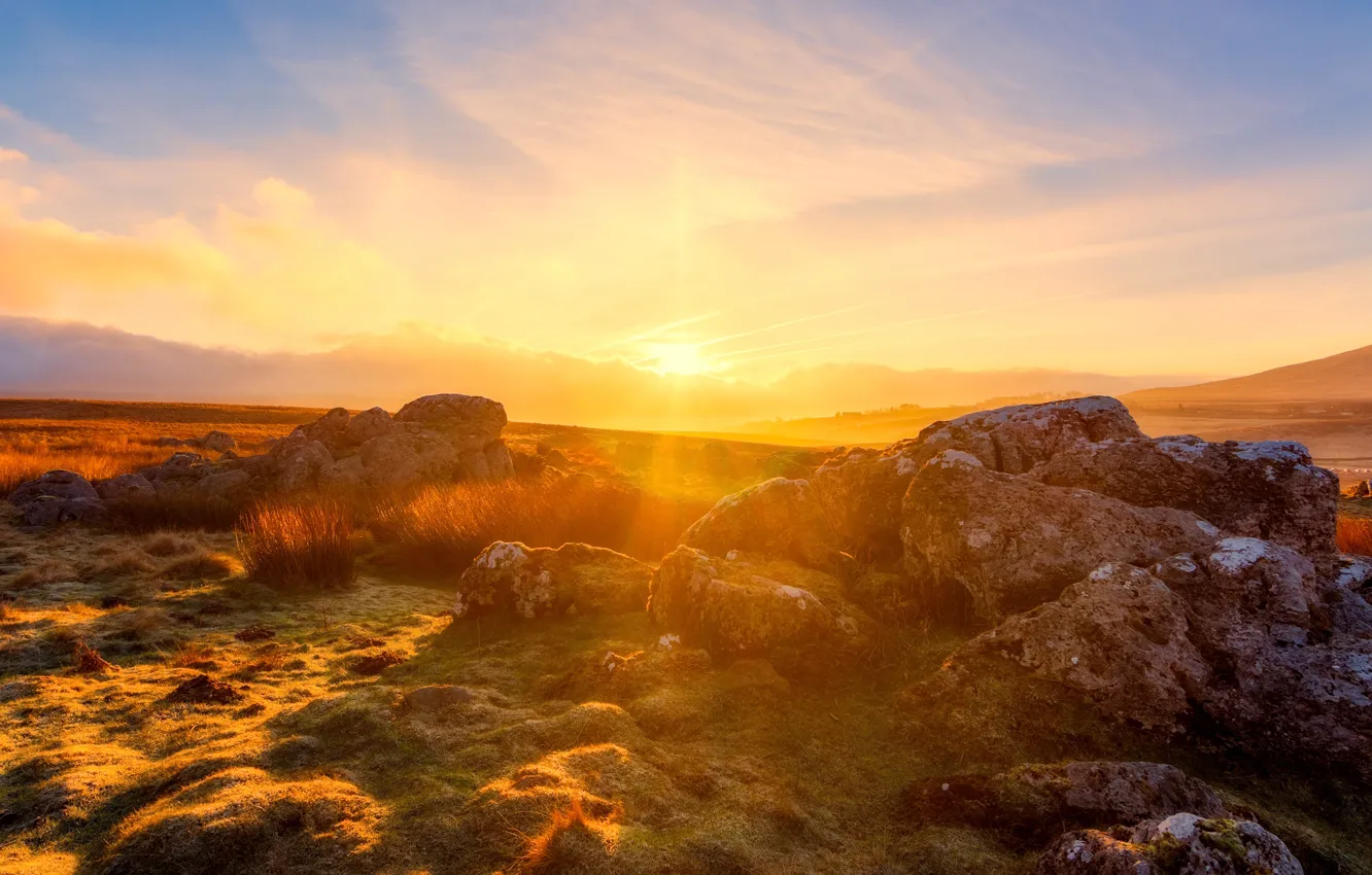 Photo wallpaper field, the sky, grass, the sun, clouds, light, sunset, stones