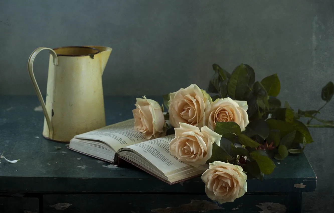 Photo wallpaper roses, book, still life