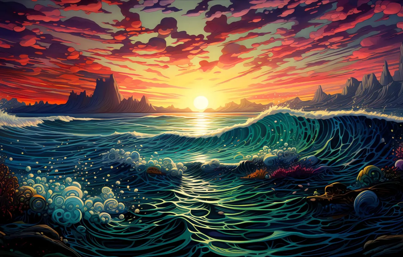 Photo wallpaper waves, sea, landscape, sunset