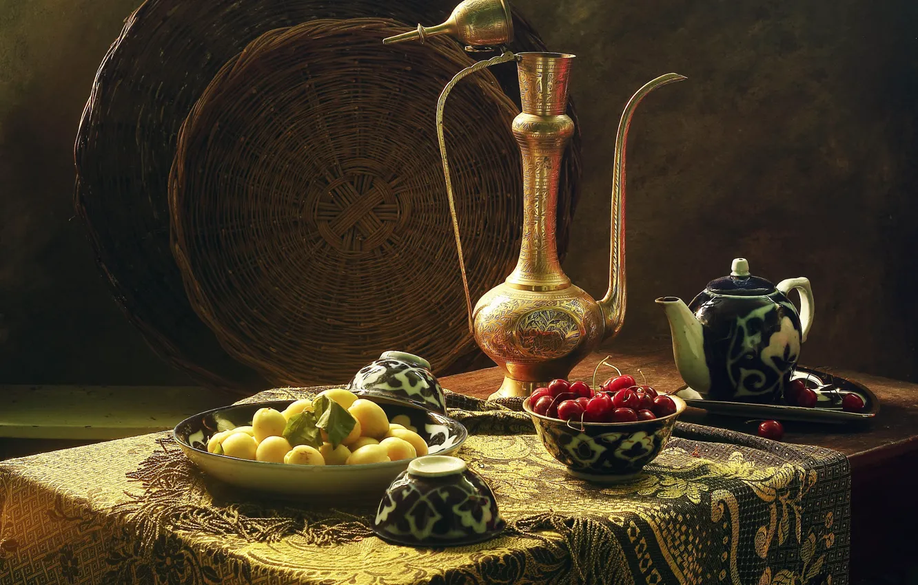 Photo wallpaper cherry, dishes, pitcher, still life, apricots, coffee pot