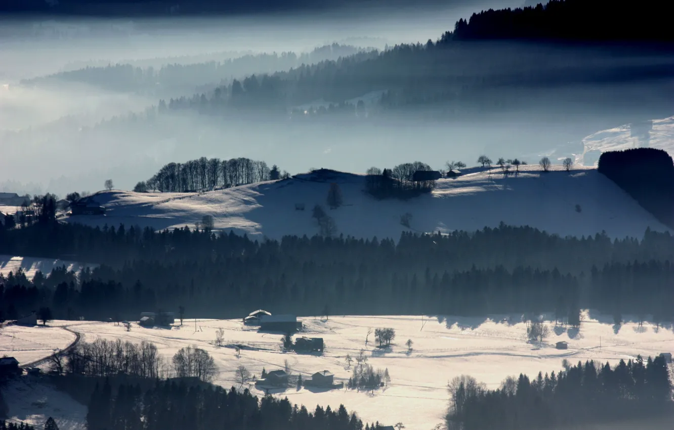 Photo wallpaper winter, hills, village, forest, winter, snow, houses, cold