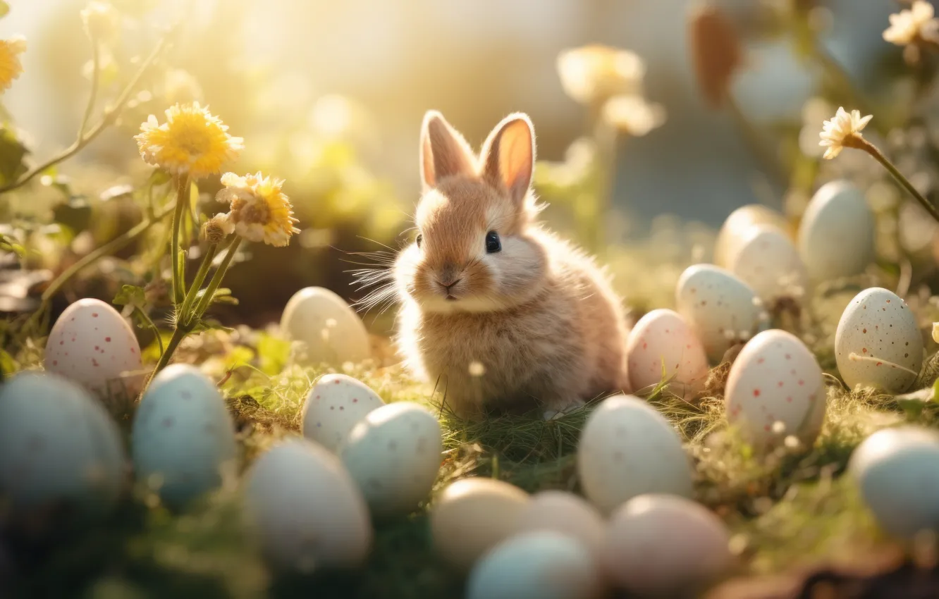 Photo wallpaper look, light, flowers, nature, holiday, glade, hare, eggs