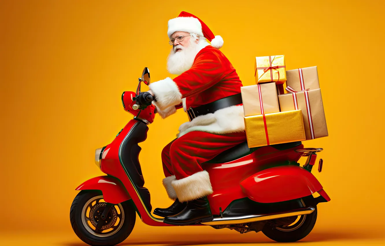 Photo wallpaper box, gift, new year, moped, Christmas, Santa Claus, Santa Claus, yellow background