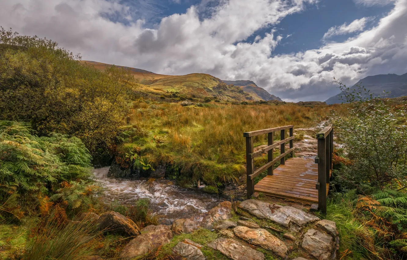 Photo wallpaper mountains, stream, the bridge, Wales, Snowdonia