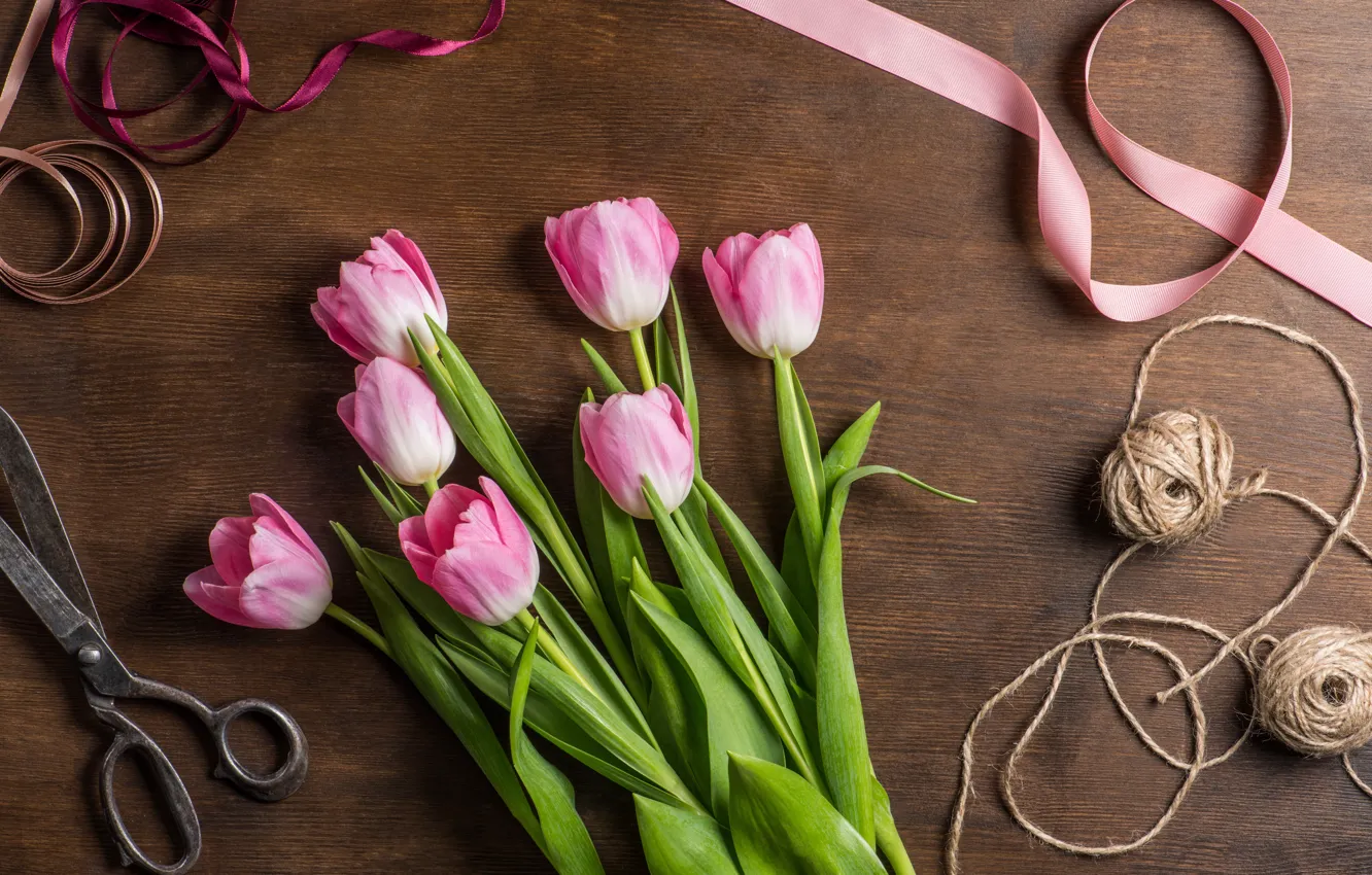 Photo wallpaper flowers, table, tulips, pink, thread, ribbons, scissors, braid