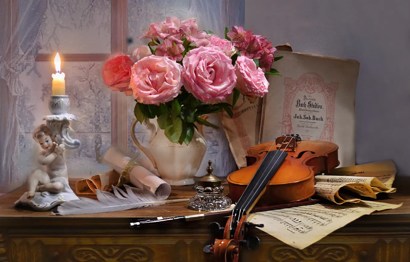Photo wallpaper flowers, style, notes, pen, violin, roses, candle, bouquet