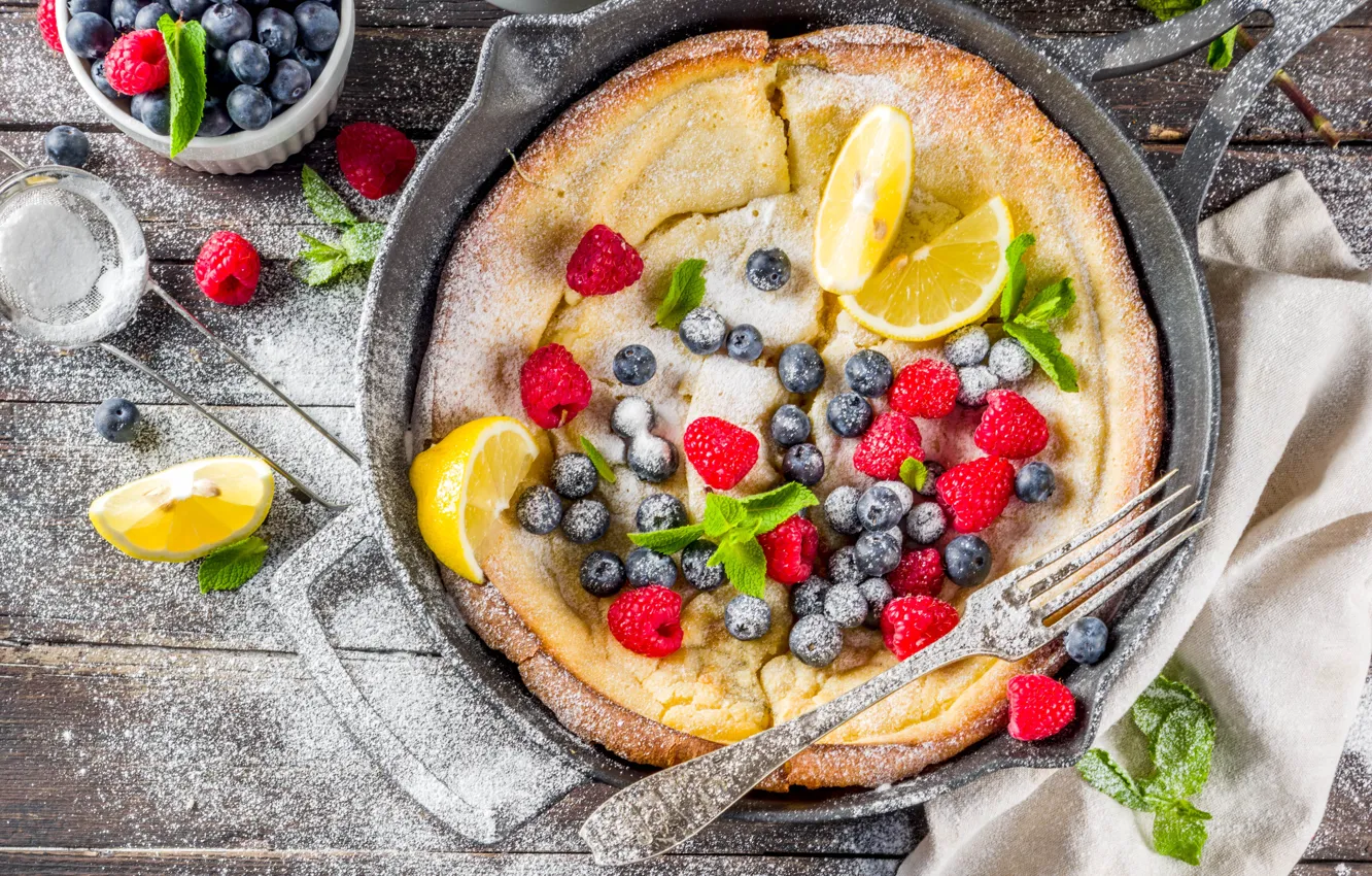 Photo wallpaper berries, raspberry, lemon, Breakfast, blueberries, pie, plug, powdered sugar