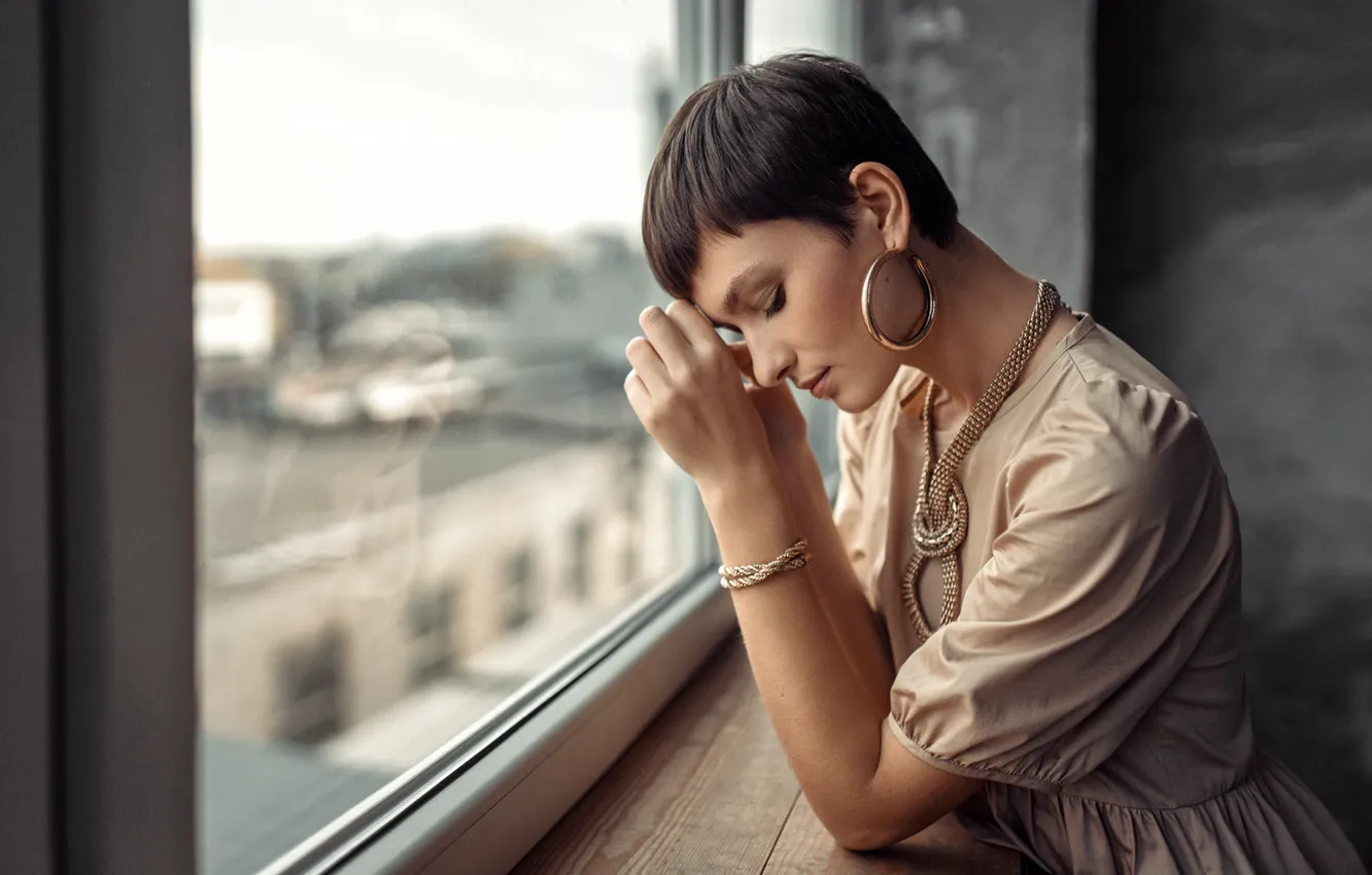 Photo wallpaper girl, decoration, pose, haircut, earrings, dress, brunette, window
