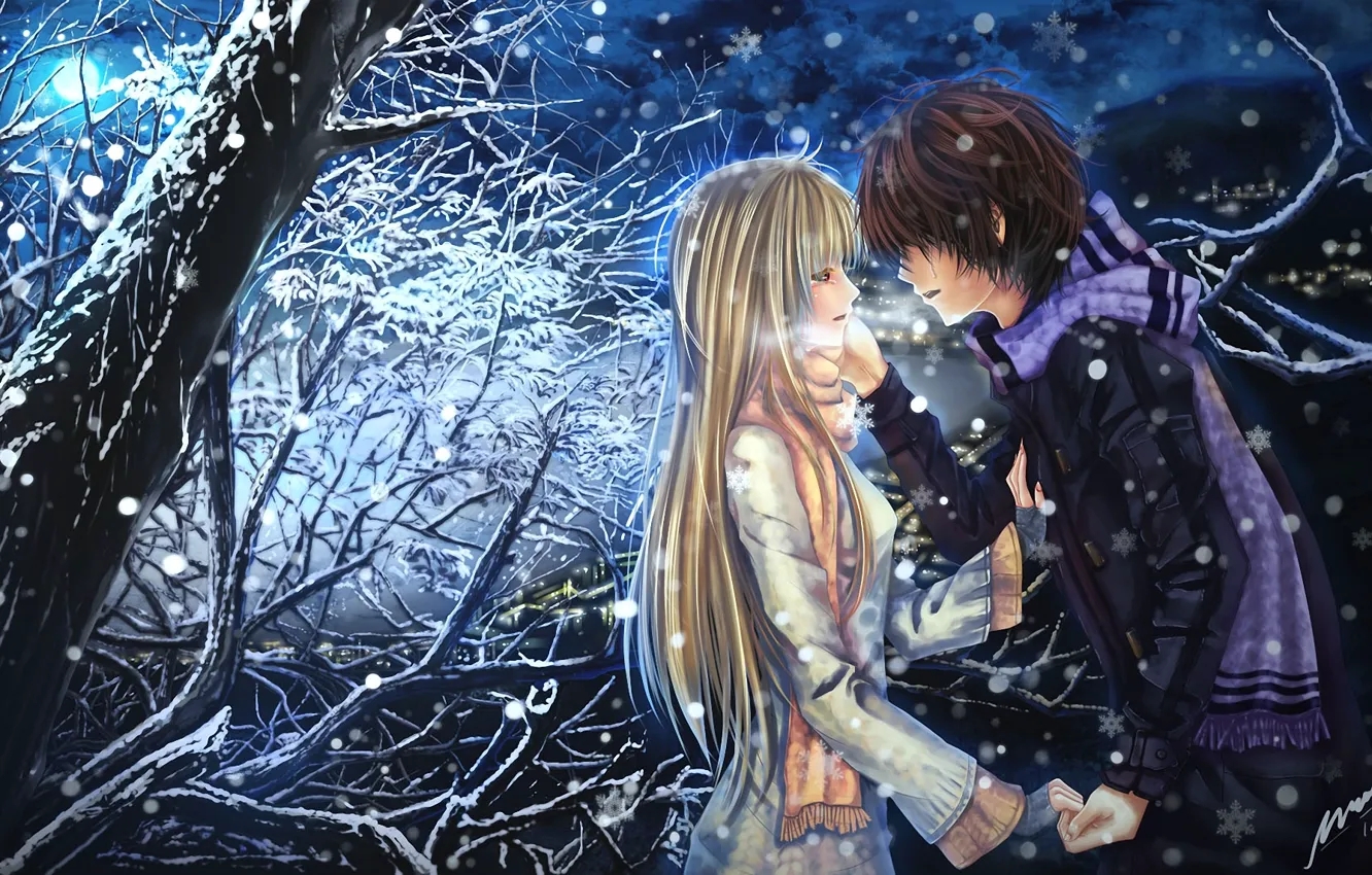 Photo wallpaper girl, snow, night, emotions, tree, the moon, scarf, tears