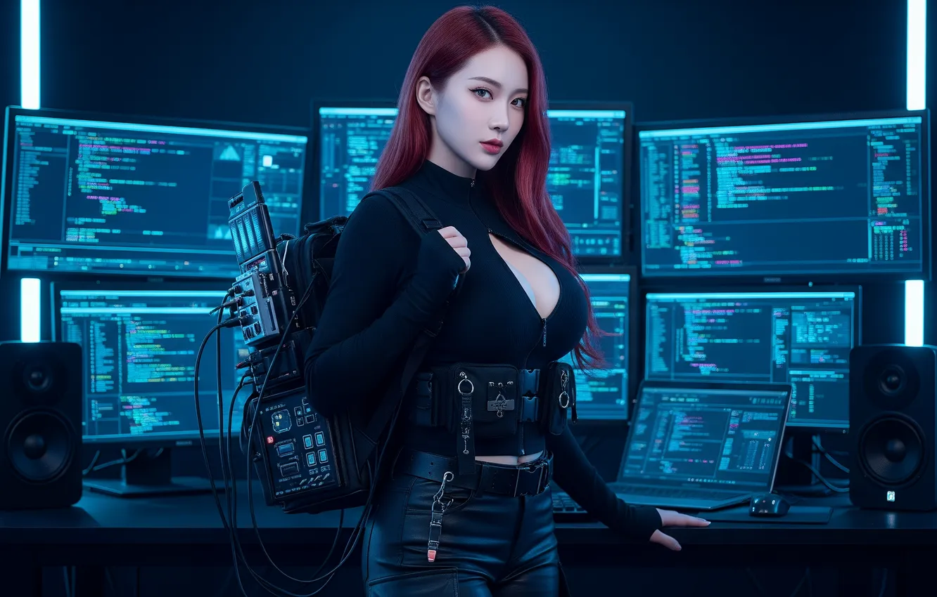 Photo wallpaper cleavage, redhead, asian, monitor, Hacking, speakers, AI Art, notebooks