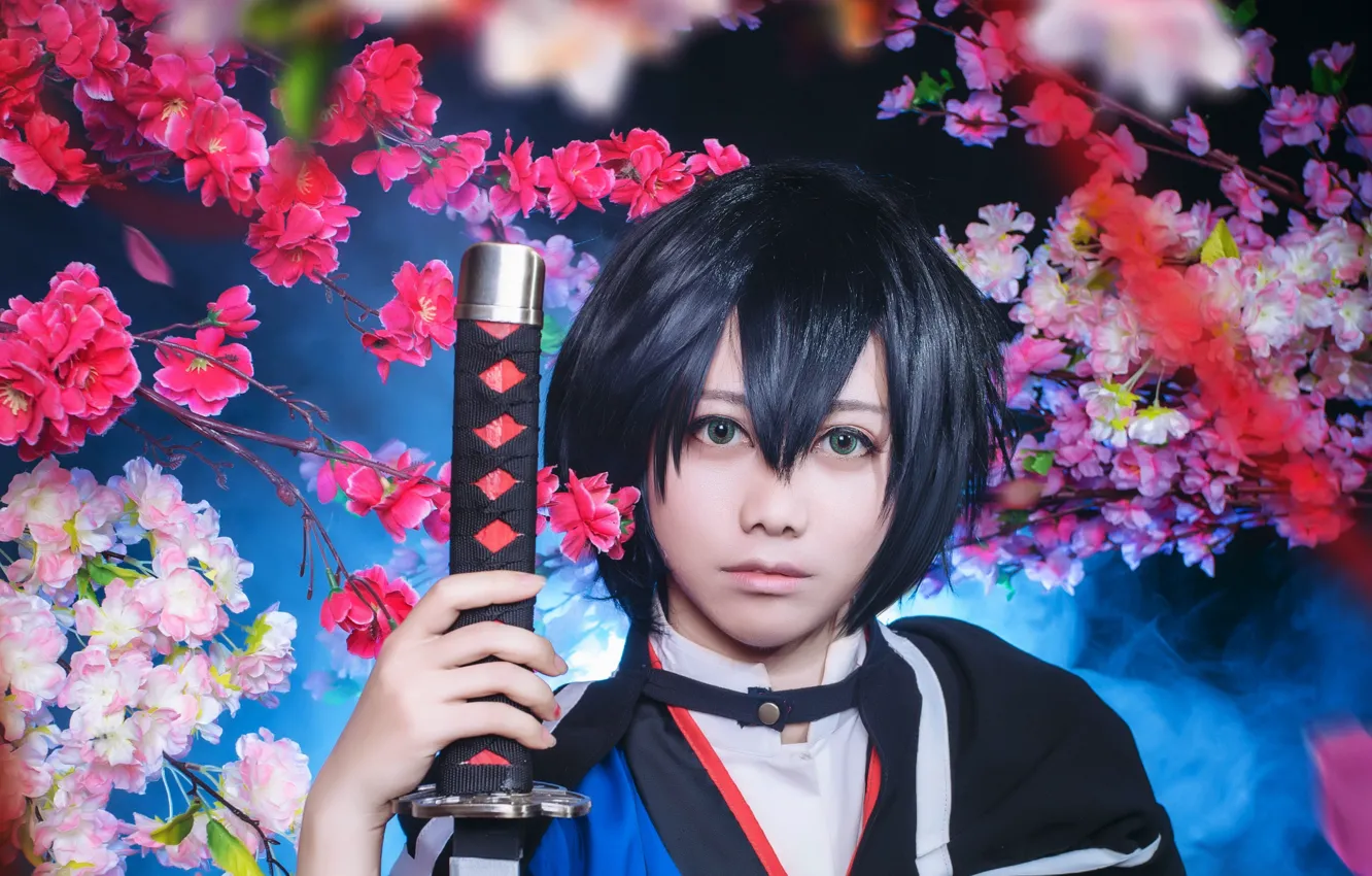Photo wallpaper look, face, background, sword, Sakura, Asian, arm