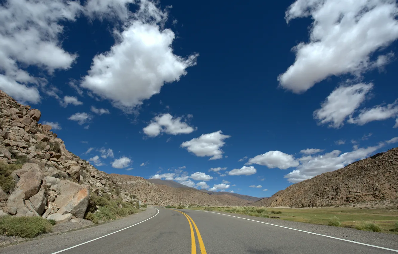 Photo wallpaper road, the sky, clouds, mountains, stones, Argentina