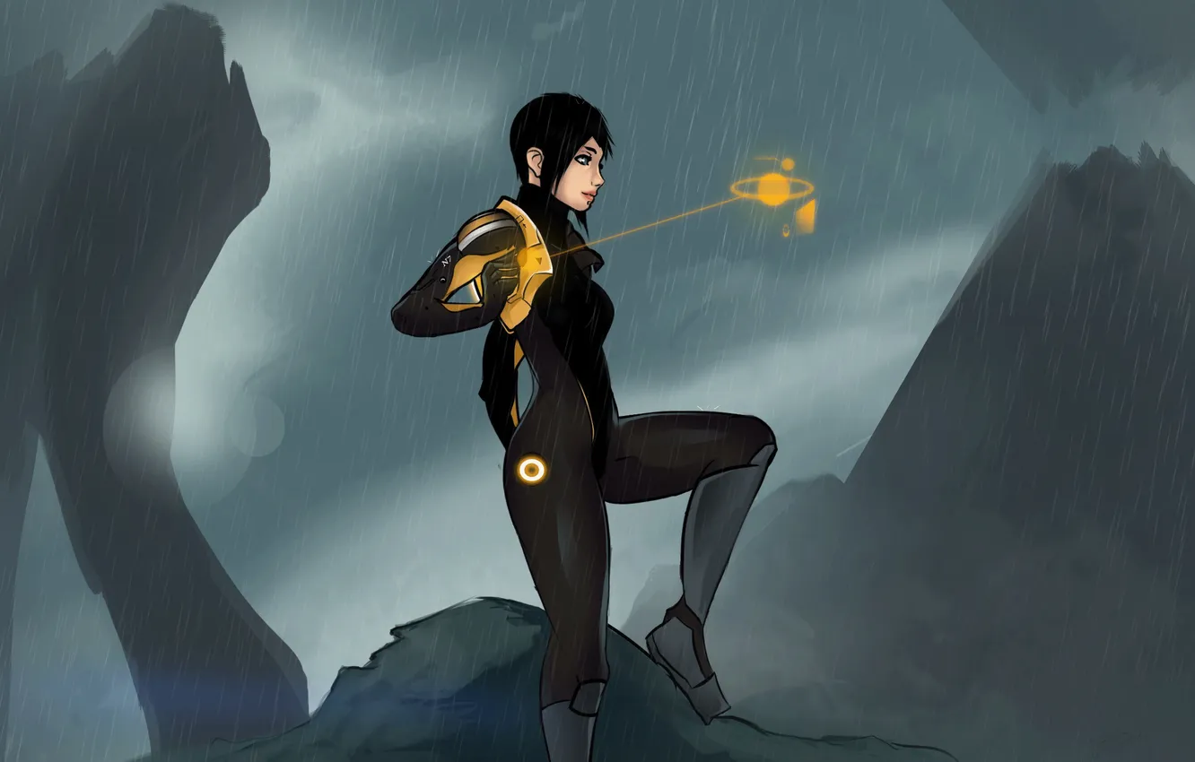 Photo wallpaper girl, rain, costume, mass effect, art