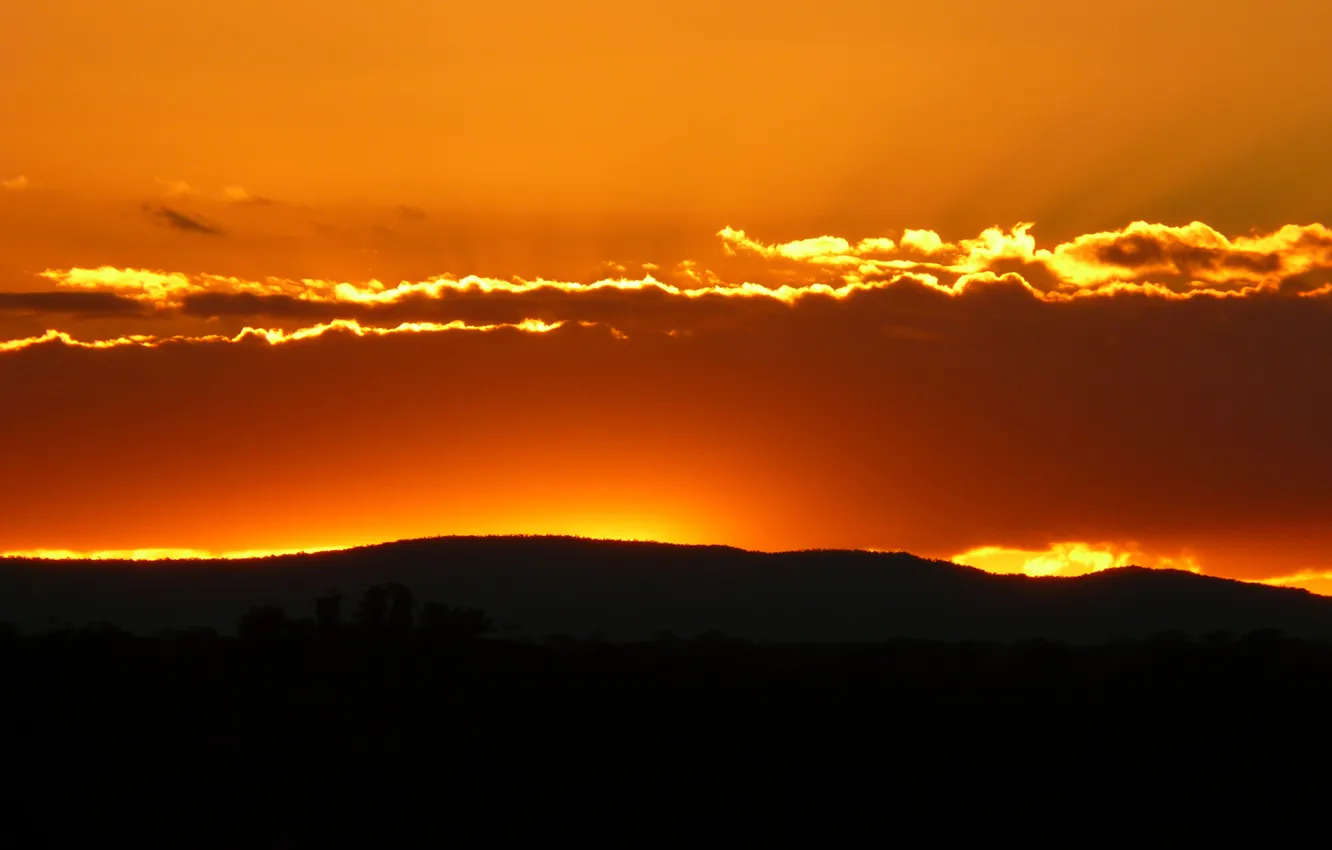 Photo wallpaper the sky, clouds, sunset, hills, horizon